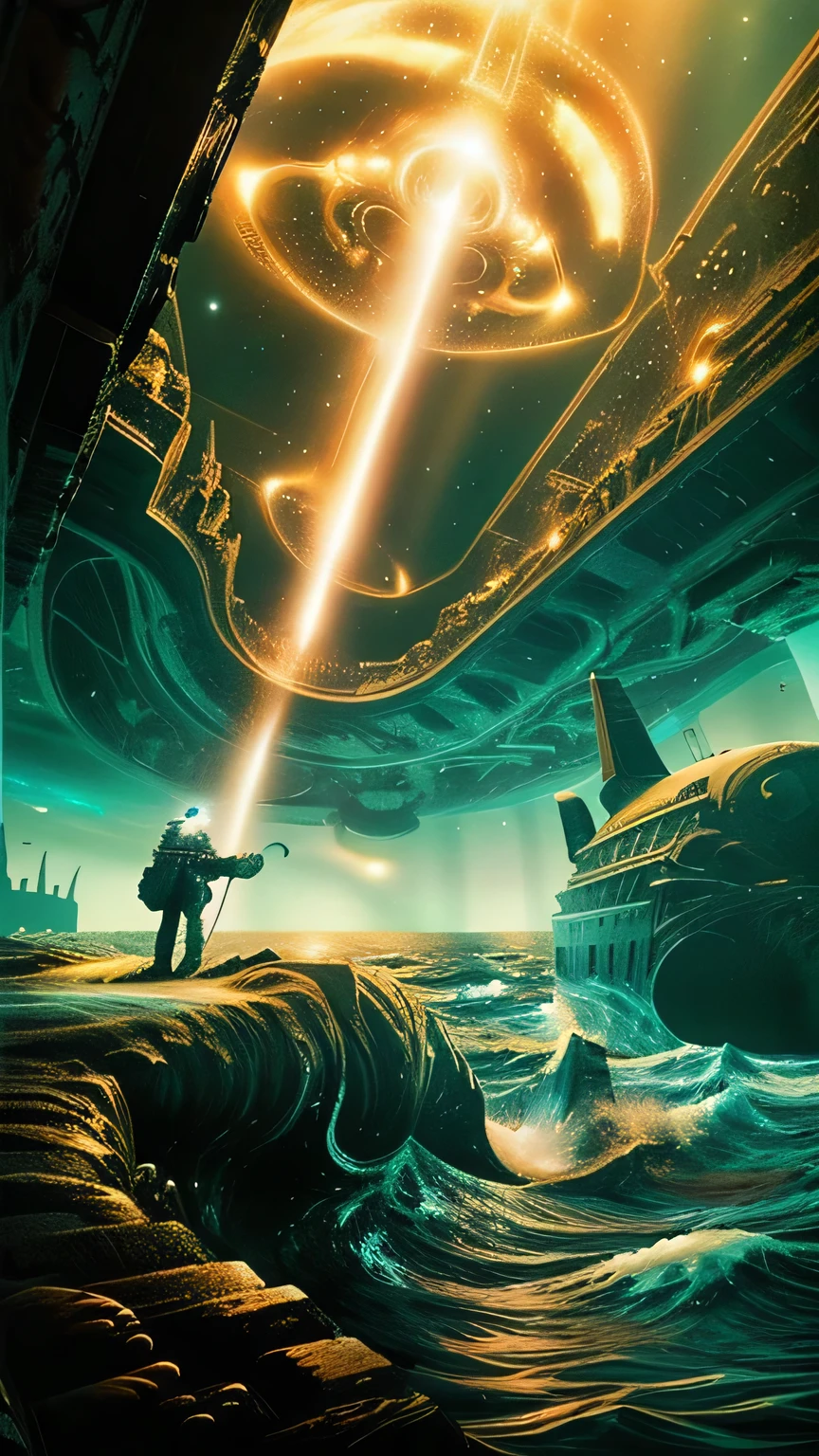 Fantasy，8k,Extremely detailed, masterpiece,High resolution,Highest quality,Increase the resolution,Cinema Lighting,Different space，6-dimensional world，Giant submarine，Ancient Undersea City，deep sea，Japan Trench，Dazzling Light，In the vast ocean，The Ancient Undersea City spreads out below、vast composition，deep sea6000m