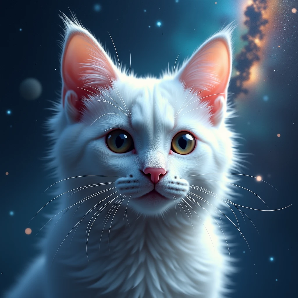 Cat face close up, Space in the background (Beautiful shining stars and galaxies), Space Cat,  White