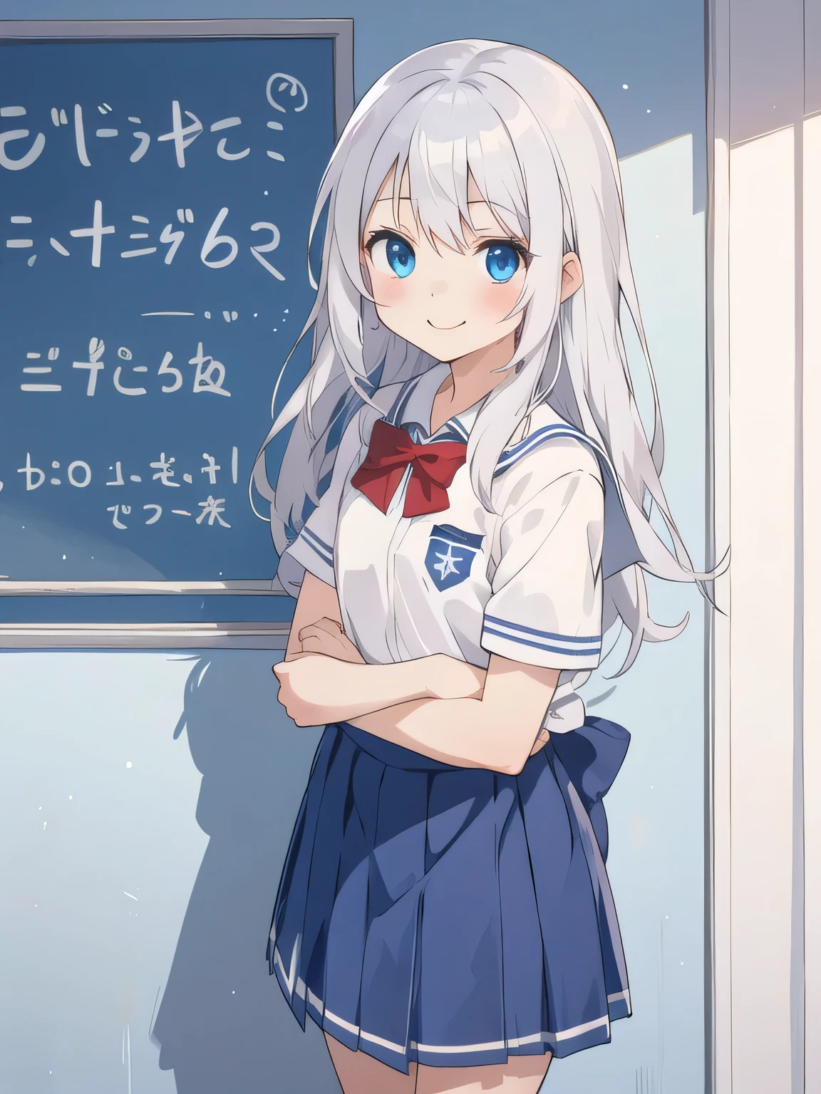 cute girl, アニメ, silver hair, Blue eyes, feel shy, cute, (young:1.1), side shot, cowboy shot, white school uniform, morning, school zone, smile