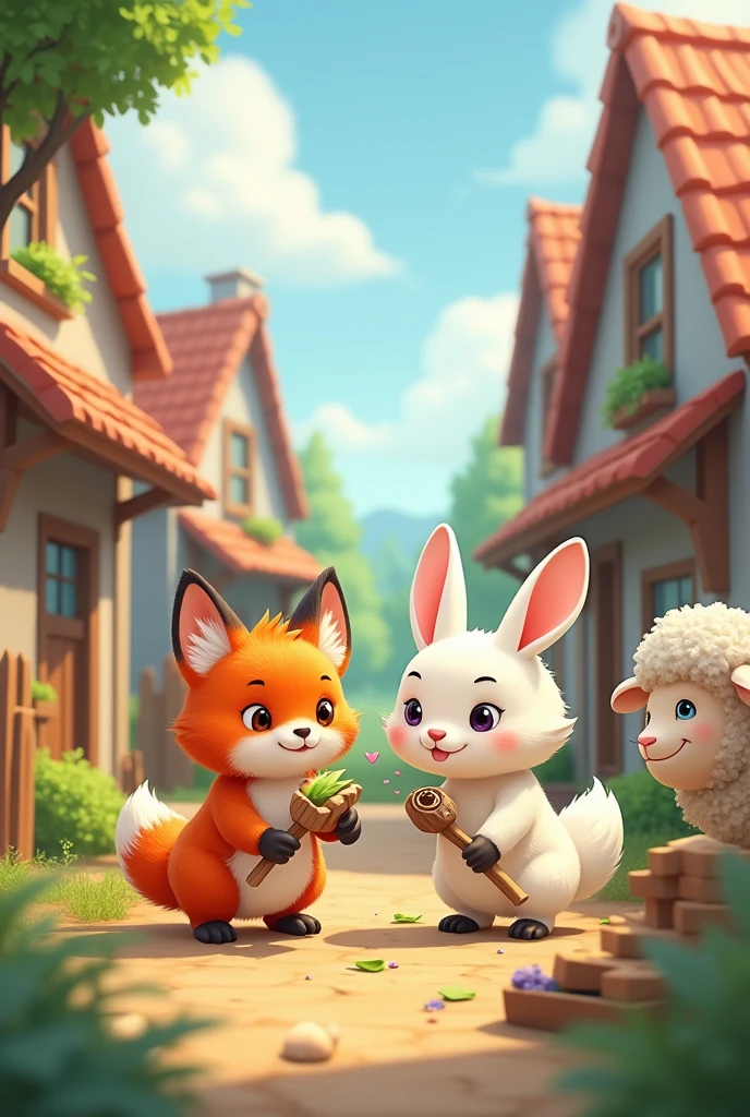 fox rabbit cat and sheep work together happily in hometown and help each other