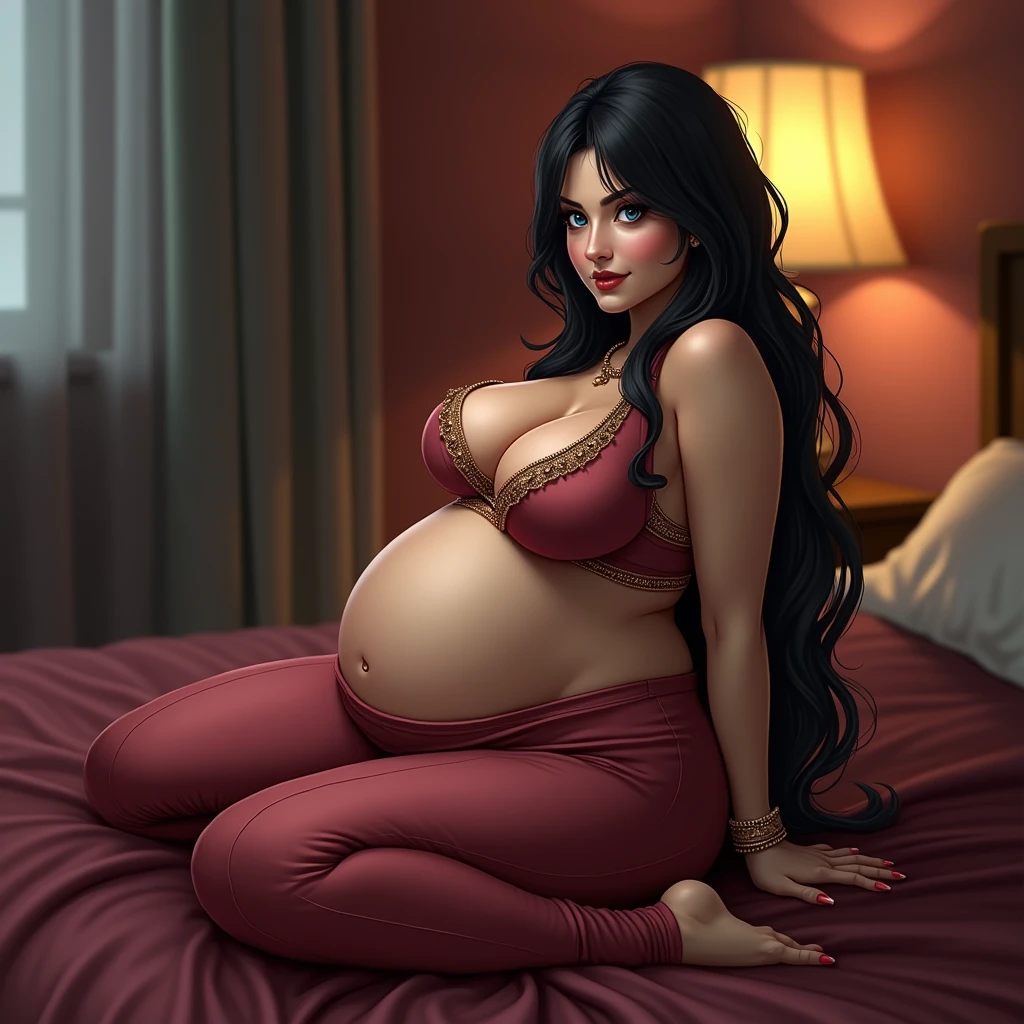 Pragnet ledy Long Hair, Blue eyes, Black Hair, Large silly breasts, sit back pose thik legs heavy soft body horny mood wear punjabi tight suite