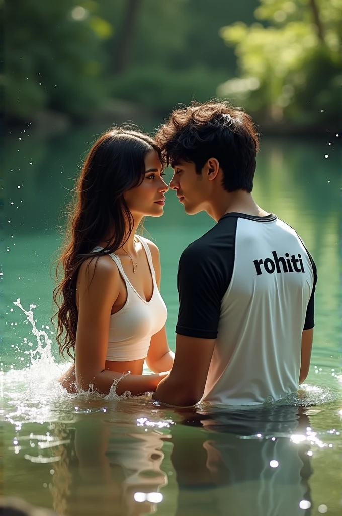 A couple sits in shallow water, surrounded by splashes and ripples. The girl, with long, flowing hair, wears a fitted, white wet shirt with the words Swasti printed on it, while the boy beside her is in a black and white wet shirt displaying the word rohit. They appear engaged with each other, sharing a moment in a serene, natural setting, with greenery in the background. The atmosphere conveys a sense of romance and intimacy.