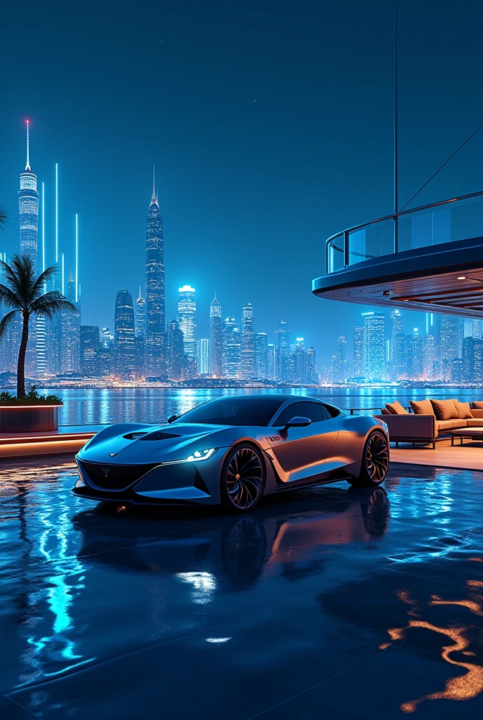 Chevrolet Nexia on desk of luxury yacht at nigh with high sky scrapers in the background and blue neon lights
