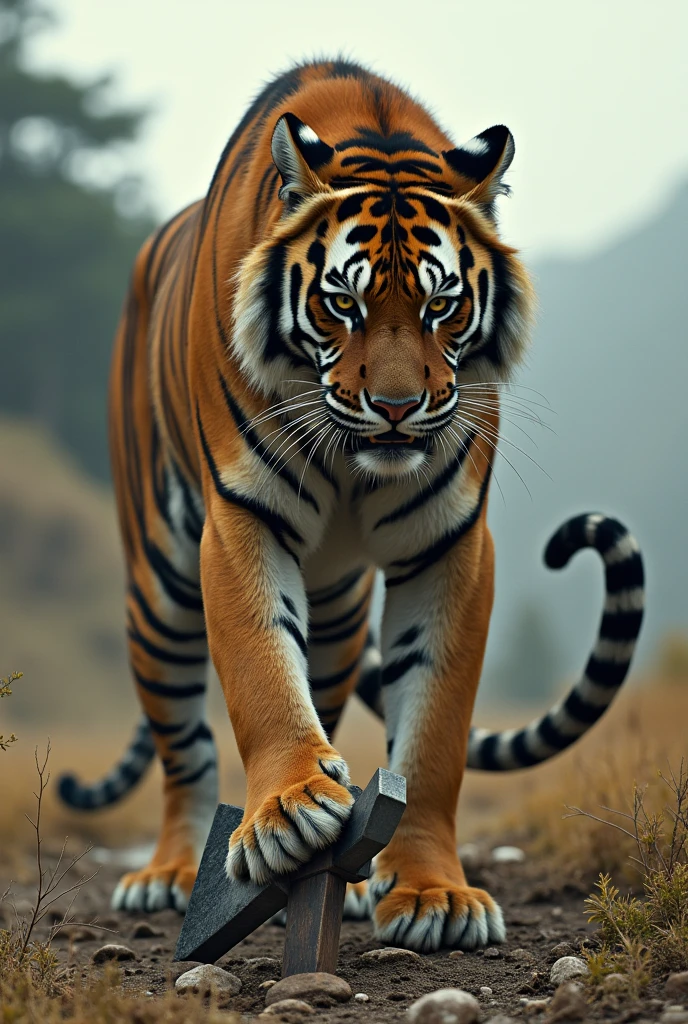 Tiger chops his own long tail in two with an axe, he cuts his own tail in two