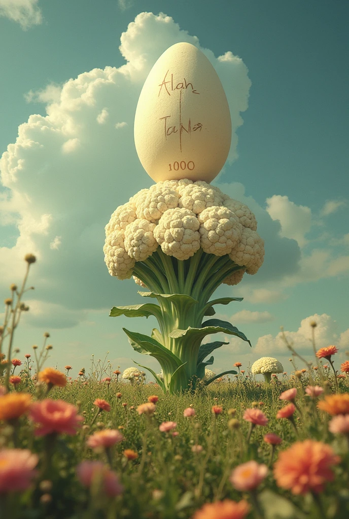 There is only one cauliflower in the field of a flower goddess whose Bhajan is 10000 tan. On top of it is a very big, Allah is written once and on top of it is a very big egg 1000written, make an image and show it.