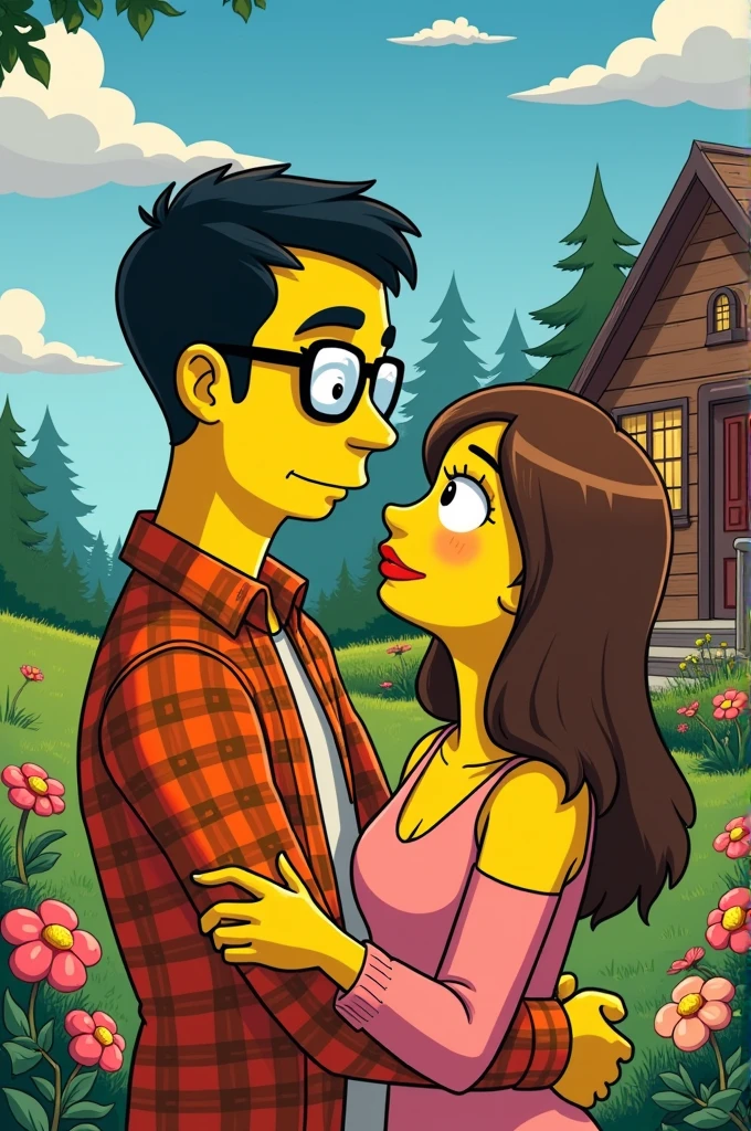 Simpsons poster with a handsome 30 year old guy in a long sleeved orange plaid shirt with short black hair and glasses, attractive with a girl with straight brown hair and black eyes, pretty in the countryside with a cabin and flowers 