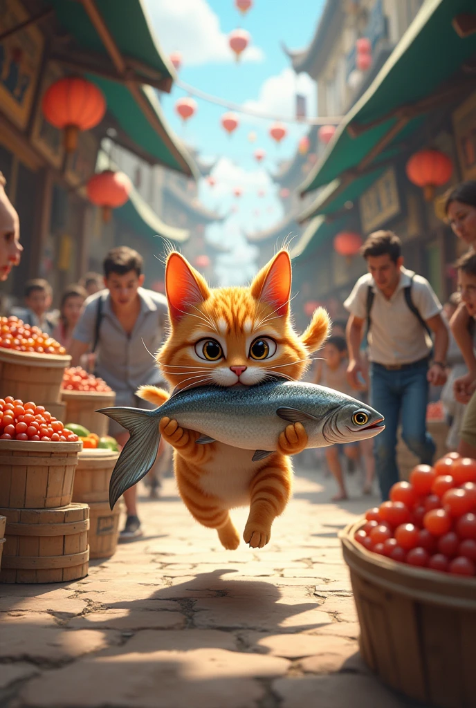 A cat stealing fish from market in mouth and running like theif from in a crowd from the people who are trying to catch him