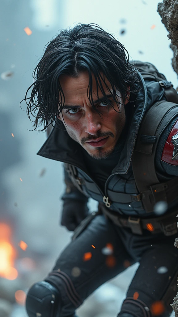 Bucky is depicted in a life-or-death situation, perhaps hanging from a cliff edge or caught in the blast of an explosion, his face showing a mixture of fear and determination. The scene around them is charged with tension: debris and dirt suspended in mid-air, flames from an explosion halted in their tracks, and soldiers frozen in the midst of combat.