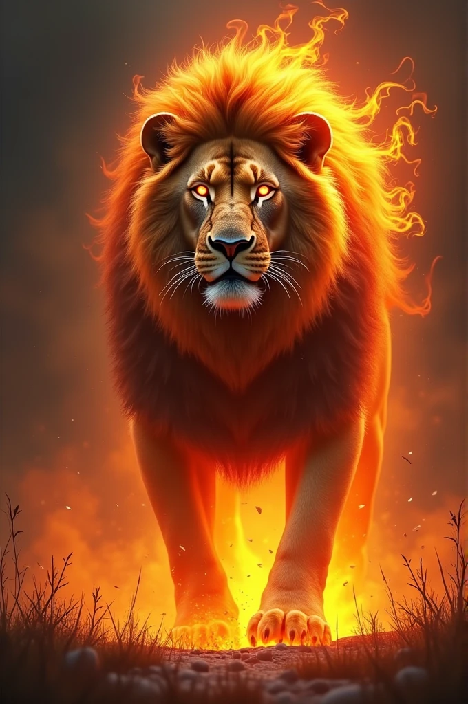 A lion in fire and red eyes and lion is angry