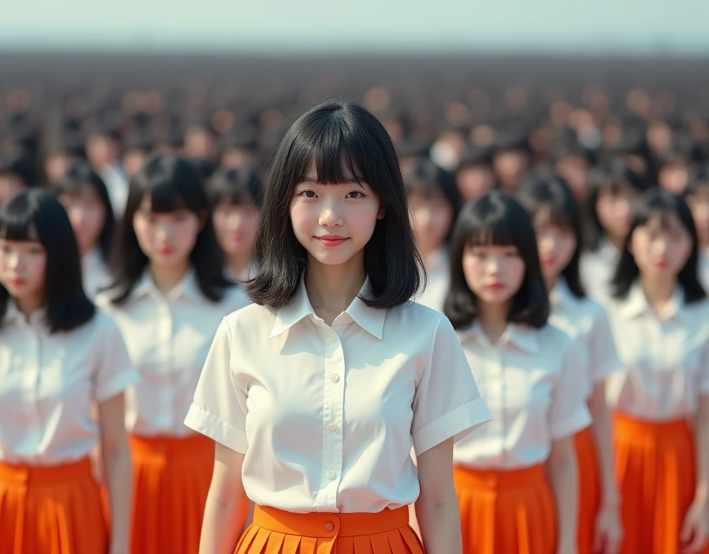 (((((Japanese Clone-girls=Myself))))), (((Super Best masterpiece Clone-girls Raw Photography Art))), (((16K, Highest quality, Ultra-high resolution, RAW Photos))), (((It&#39;s so unrealistic., With unparalleled depiction, With an unfathomable sight, An unprecedented and shocking worldview, Clone-girls: In a world of mass reproduction, Ultra-realistic))), (((Japanese Girls, Sasaki Nozomi, 26yo, Small face, Thick black hair, Medium to long hair, Dark Eyes, Mature face, Cute Smile, Smiling face, A gentle gaze, (((Very happy laughter)))))), (((Very beautiful detailed girls, Accurate body structure, Accurate body movements, Very detailed body, (((Super big breasts, Large bulge of ample breasts)))))), (((White short-sleeved shirt, I can see the cleavage, Emphasise the fullness of your breasts, Orange pleated mini skirt, Red color socks, Black leather shoes))), ((((((((Very detailed, Myself cloning, Depiction of splitting oneself, 1Myself girl→1,000,000,000,000,000,000,000,000,000,000Myself cloning girls)))))))), (((((((Myself clone-girlsから, Myself keeps multiplying, (Very detailed and intricate, To the exact, Flawless, (((In the same female body,With the same face, With the same hairstyle, In the same clothes, At the same height, 同じSuper big breastsである))), In a detailed depiction), 1,000,000,000,000,000,000,000,000,000,000 people))))))), (((((Myself girls only))))), (((((1,000,000,000,000,000,000,000,000,000,000Myself girls))))), (((((Very detailed depiction, Multiple or more Myselves, Physical contact, Pleasant conversation, Holding hands, Hug, walk, Turn around, Shift your gaze))))), (((Very detailed, Extremely crowded, Body-to-body contact with no gaps))), (Bright and soft light), (((((Clear and accurate perspective depiction, super wide view, Ultra-wide field of view, Focus on the average value of the image))))), A crowd of Myself filling up the horizon, Everyone is sexy!!!!