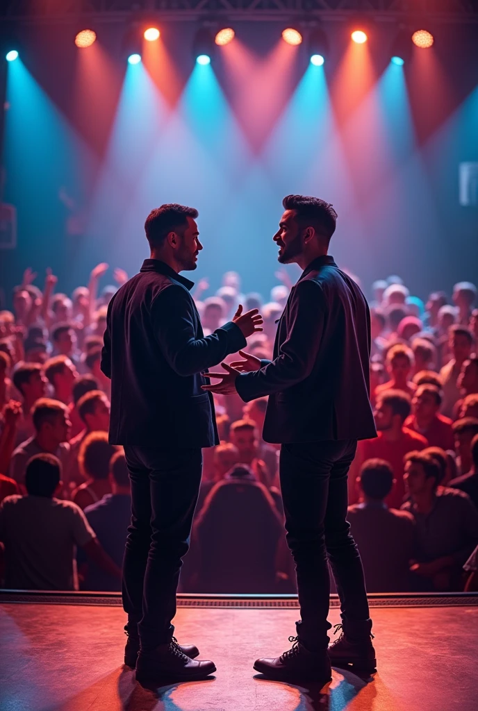 two men on stage with a packed show