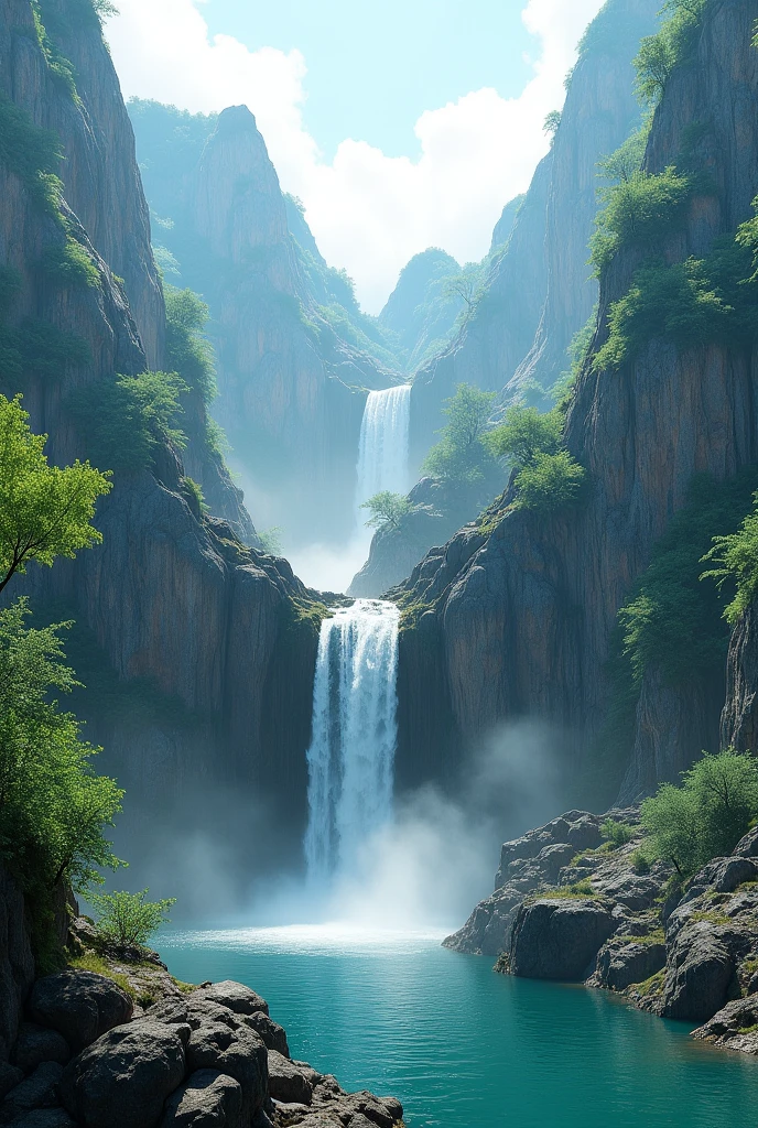 (Masterpiece),(best quality:1.5),(Width), 8K wallpaper, The image details are very detailed.,soft light, waterfall, mountain, rock, cliff,