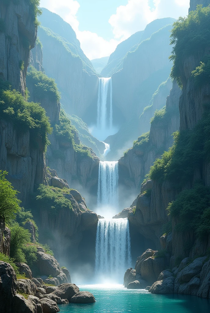 (Masterpiece),(best quality:1.5),(Width), 8K wallpaper, The image details are very detailed.,soft light, waterfall, mountain, rock, cliff,