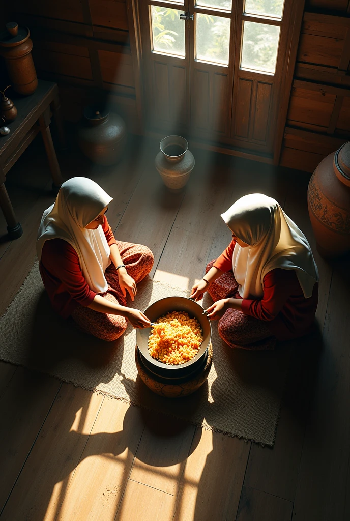 (photorealism:1.2), an aerial view of two malay beauty hijab girl sit down on a 
 floor in a wooden kitchen, in a midle of clay stove, wear a long sleeve t-shirt and a batik sarong, the girls pouring a meal onto the wok, a top aerial angle, in a morning sunshine, old urn,old stove,, old kettle