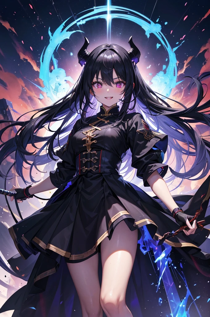 (16K,Ultra-high resolution,Highest quality,masterpiece,Super detailed,Very vivid CG),((背中にblackい悪魔の翼が生えた闇堕ちした美少女)),A large sword imbued with blue flames,Overall dark outfit,Red glowing eyes,Anatomically correct body,Highly detailed facial features, Beautiful and perfect face, Perfect Eyes,angle from below,Photographed from the front,Standing on a giant pillar of flame, he looks down on the viewers.,Eyes without highlights,blackと紫の衣装,Perfect lighting,black,Red ice scattered on the ground,Blue-violet skin,Perfect lighting,Wicked Smile,Laugh with your mouth wide open,Big fangs,Standing 5m away from the camera,Explosive Flame Background,A burnt-out town in the middle of the night