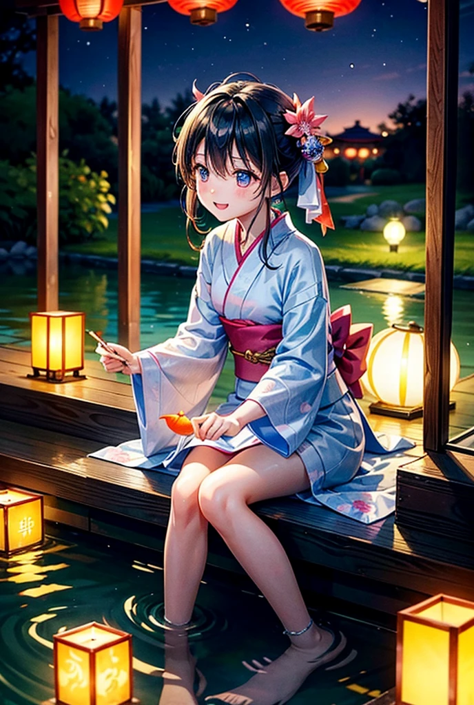 About 、At a lively summer festival in the evening。She knelt down by the small pond、He is concentrating intently as he tries to catch a goldfish with a delicate paper dip net.。Her eyes were wide with excitement and determination.、A shining lantern is reflected overhead.。Around、Brightly colored yukata robes、Glowing lantern、And there were stalls filled with games and sweets.、The festival is colorful。Laughter heard from afar、The light sounds of the game enveloped her.。The warm light of the lantern、It gently illuminates her serious expression.