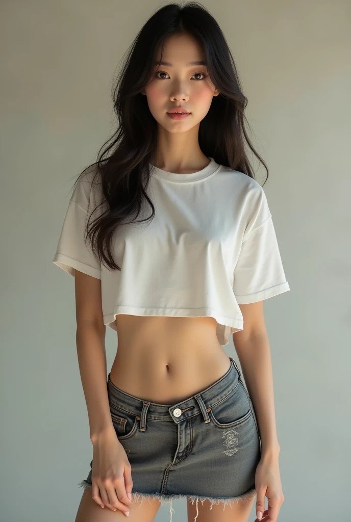 4k, ultra high definition, Asian beauty avatar body shape, her face and body are standing facing me, I can see her whole body, a pair of big shining eyes, wearing a short T-shirt and a small skirt that exposes her navel, realistic photography Works, Sony FX9, 50mm, f/1.4 Film