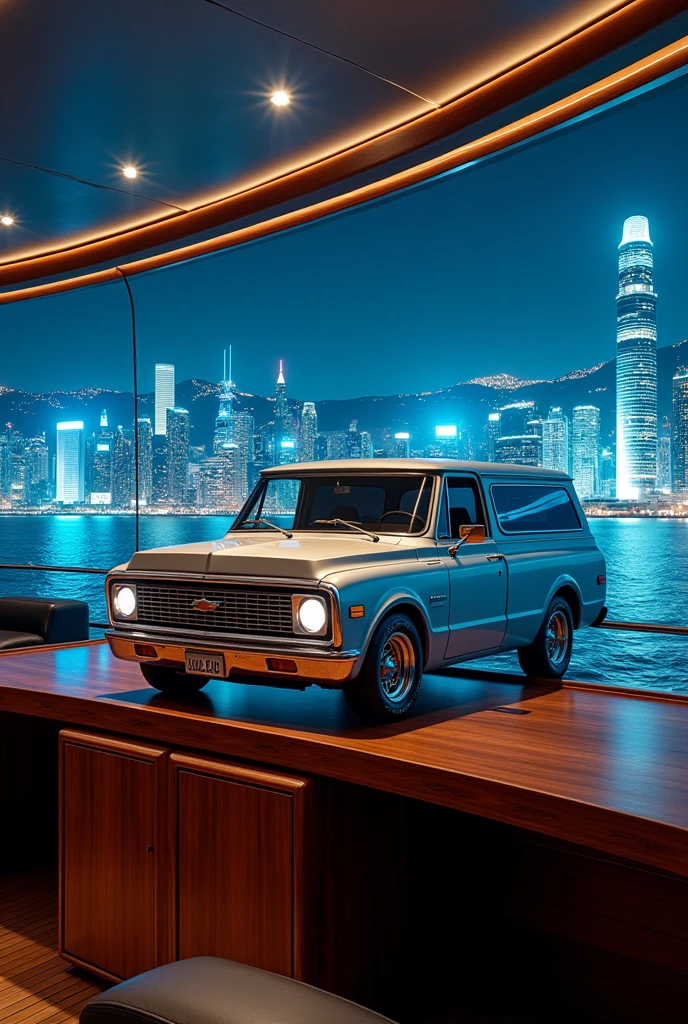 Chevrolet Damas  on desk of luxury yacht at nigh with high sky scrapers in the background and blue neon lights