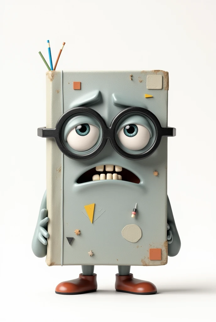 Um livro featuring traços humanos, featuring fundo branco, facing the front, featuring traços animados, feição cansada featuring oculos, featuring "geometry" Na capa