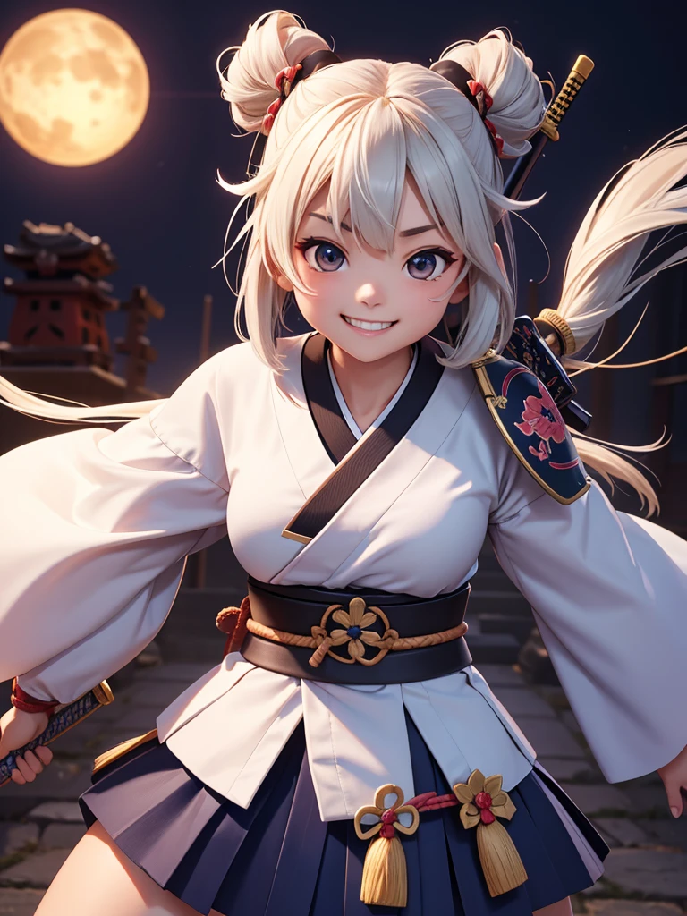 走っているwhole bodyの姿　She has a cute smile　samurai　Hold the sword　whole body　AI images