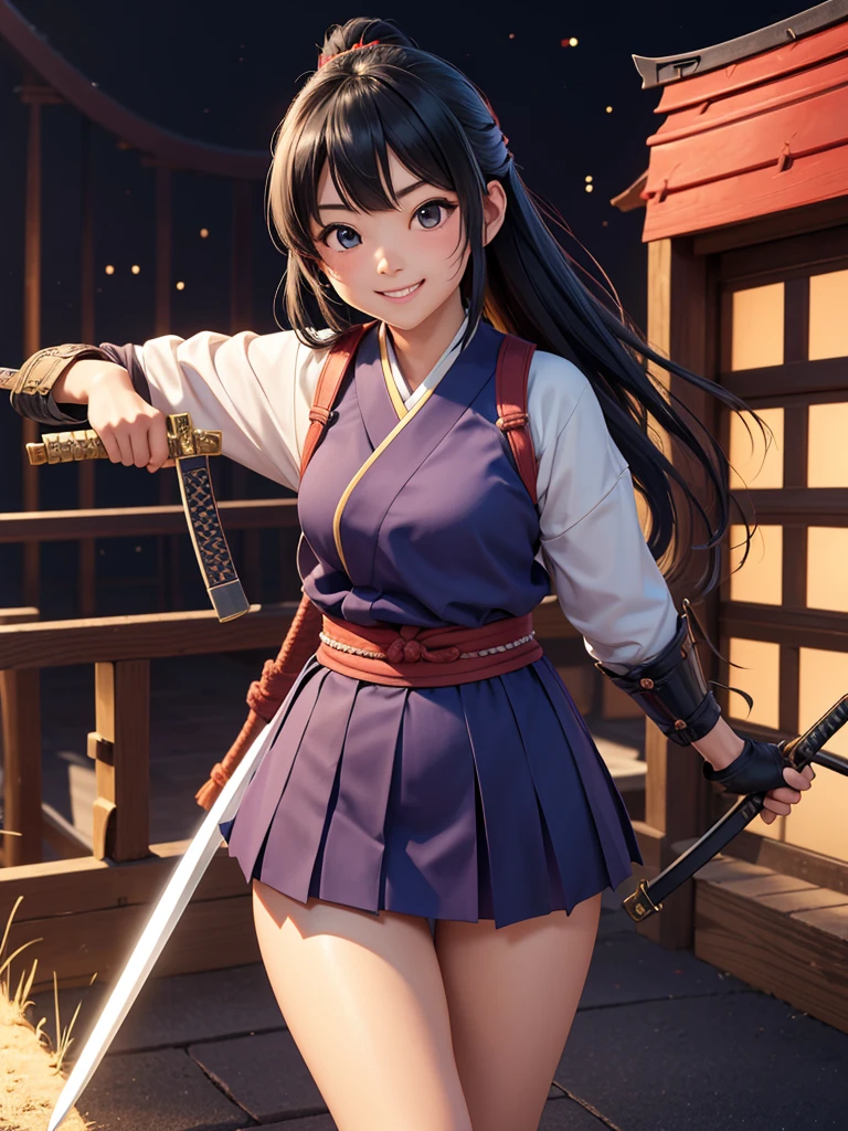 走っているwhole bodyの姿 She has a cute smile samurai Hold the sword whole body AI images