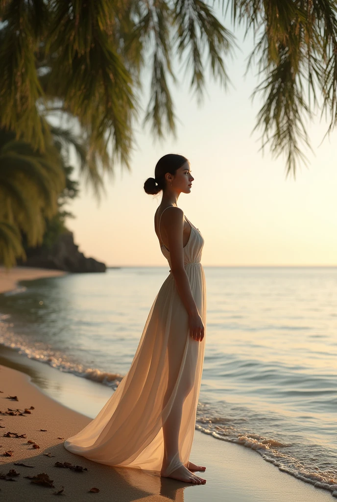 “A serene and artistic fashion photograph of a woman posed gracefully by the edge of a tranquil beach at sunrise. The scene is minimalist, with soft, muted colors. The woman’s figure is highlighted naked, in a non-morbid, aesthetically feminine manner, her posture elegant and natural. Surrounding her are elements of nature: gentle waves lapping at her feet, tall trees with flowing leaves framing the background, and scattered leaves on the sand. The lighting is soft, casting delicate shadows, and the overall composition emphasizes harmony and simplicity with a subtle play of light and shadow.”