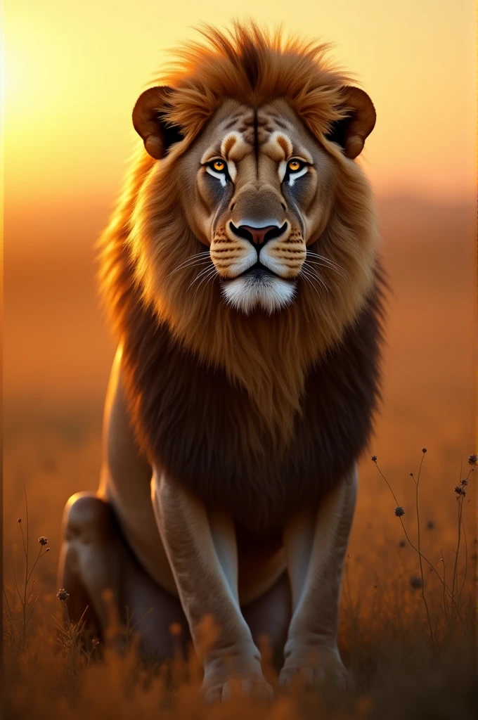 Here's a prompt for a single animal photo:
**Majestic Lion at Sunset**: Capture a close-up of a lion sitting or standing in the savannah during golden hour, with the warm sunset casting a soft glow on its mane. Focus on the lion's face, highlighting its piercing eyes, detailed fur, and the regal posture that symbolizes strength and grace. The background should be slightly blurred to keep the focus on the lion, with hints of the African landscape visible.