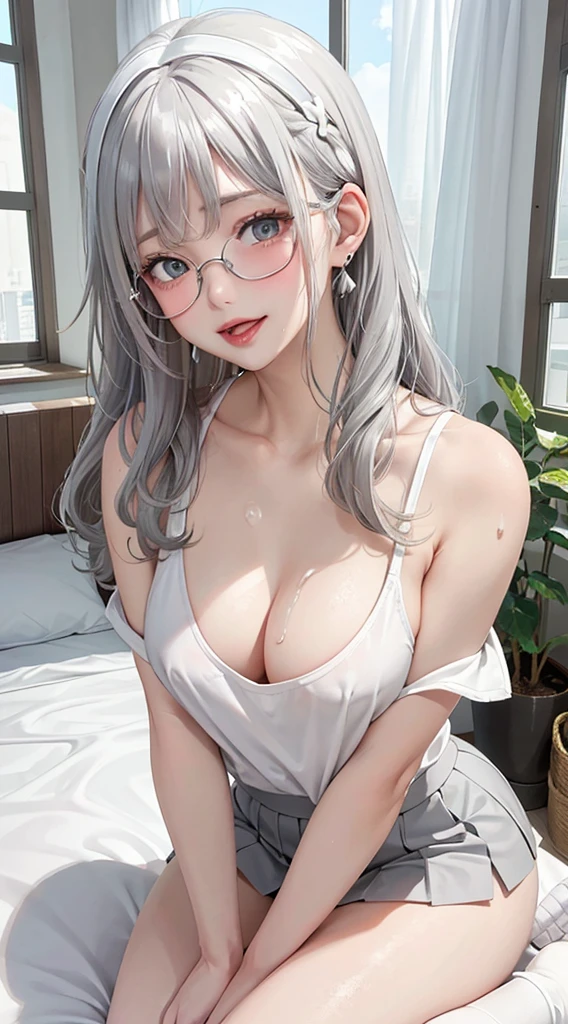 1Girl, 2, Solo, Anime, Ideal body, (Cleavage, Small breast, Hard Nipple). Beautiful, Gorgeous, Fresh, Blunt Bangs, (White Grey Hair:1.5),(Straight and Wavy Long Hair:1.3), polo shirt, sport skirt, tennis attire, Off-Shoulder, Oversize, Comfort, Loose shirt, Fabric Texture. (Seiza:1.3). Earrings, Thin Black Headband, Eye Glasses, Green Accessories, Environmental Details, Bed Room, Natural Light, Modern Bed, Chair, Window, White Curtain, City View. pov, anime style, UHD, retina, masterpiece, accurate, anatomically correct, textured skin. High Resolution, Looking at the viewer, Blush, Best Quality, Award Winning, Accurate, Embarrassed, seductive smile, naughty smile, horny, sweating, Naughty Face, Chin up, lips open, Gradient Eye Color, Sexy Pose. In the top view shot, the body is bent to the viewer, in front of the camera, looking up to the viewer, tongue out, and with an open mouth. From Above, Close-Up, (sticky goo on breast), (white goo on body), (sweating). Milk, white milk on the breast. Hand correct, arm correct. 2 hand, 2 arm.