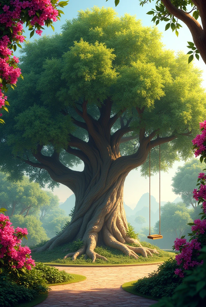 a large tree with a swing on the left and surrounded by bougainvillea
