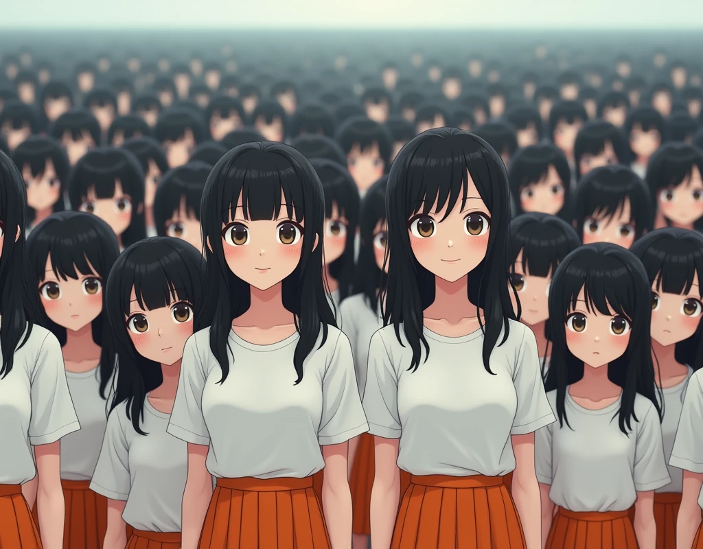 (((((Japanese Clone-girls=Myself))))), (((Super Best masterpiece Clone-girls Raw Photography Art))), (((16K, Highest quality, Ultra-high resolution, RAW Photos))), (((It's so unrealistic., With unparalleled depiction, With an unfathomable sight, An unprecedented and shocking worldview, Clone-girls: In a world of mass reproduction, Ultra-realistic))), (((Japanese Girls, Sasaki Nozomi, 26yo, Small face, Thick black hair, Medium to long hair, Dark Eyes, Mature face, Cute Smile, Smiling face, A gentle gaze, (((Very happy laughter)))))), (((Very beautiful detailed girls, Accurate body structure, Accurate body movements, Very detailed body, (((Super big breasts, Large bulge of ample breasts)))))), (((White short-sleeved shirt, I can see the cleavage, Emphasise the fullness of your breasts, Orange pleated mini skirt, Red color socks, Black leather shoes))), ((((((((Very detailed, Myself cloning, Depiction of splitting oneself, 1Myself girl→1,000,000,000,000,000,000,000,000,000,000Myself cloning girls)))))))), (((((((Myself clone-girlsから, Myself keeps multiplying, (Very detailed and intricate, To the exact, Flawless, (((In the same female body,With the same face, With the same hairstyle, In the same clothes, At the same height, 同じSuper big breastsである))), In a detailed depiction), 1,000,000,000,000,000,000,000,000,000,000 people))))))), (((((Myself girls only))))), (((((1,000,000,000,000,000,000,000,000,000,000Myself girls))))), (((((Very detailed depiction, Multiple or more Myselves, Physical contact, Pleasant conversation, Holding hands, Hug, walk, Turn around, Shift your gaze))))), (((Very detailed, Extremely crowded, Body-to-body contact with no gaps))), (Bright and soft light), (((((Clear and accurate perspective depiction, super wide view, Ultra-wide field of view, Focus on the average value of the image))))), A crowd of Myself filling up the horizon, Everyone is sexy!!!!
