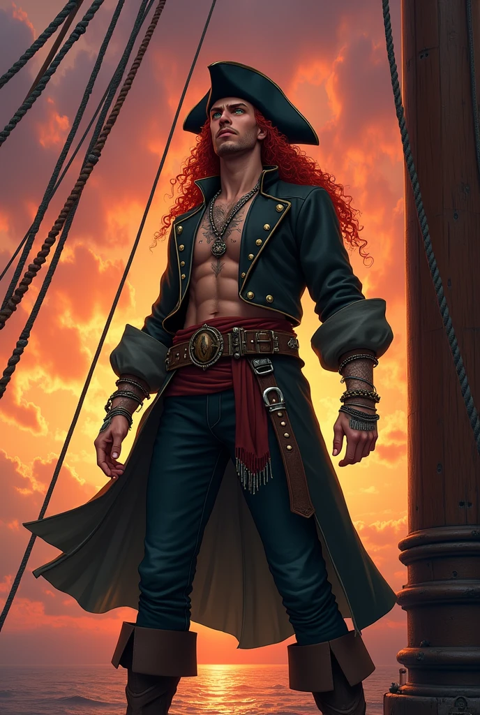Generate the image of a pirate for a DnD campaign. A male pirate with an excited face. He has long dark red curly hair, without any type of facial hair. His eyes are emerald green, and he has a small scar on the bridge of his nose. He’s wearing a pirate hat in black leather, a long dark trench coat, under the coat a soft shirt half open, with an old leather filet. He’s wearing many bracelets and necklaces, he has many tattoo. He’s on the top of the main mast of his boat looking at the sunset