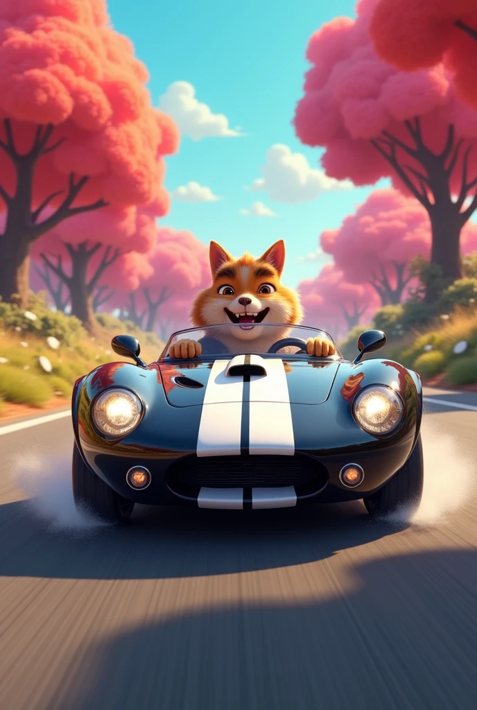 A Pedro(Animal) in car. Car is on open. Pedro is driving fast a car. The car is Nissan black and has white line middle. Pedro is happy. It's go longer forest . There are trees are red , pink, blue.