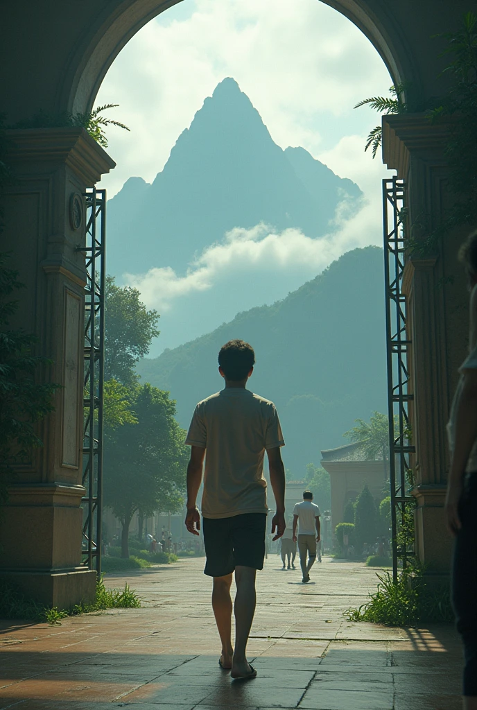 ( A young man, Sila, walks through the grand entrance of Mae Fah Luang University, surrounded by lush greenery and mist-covered mountains in the background. The atmosphere is tense with students whispering about a recent mysterious event.