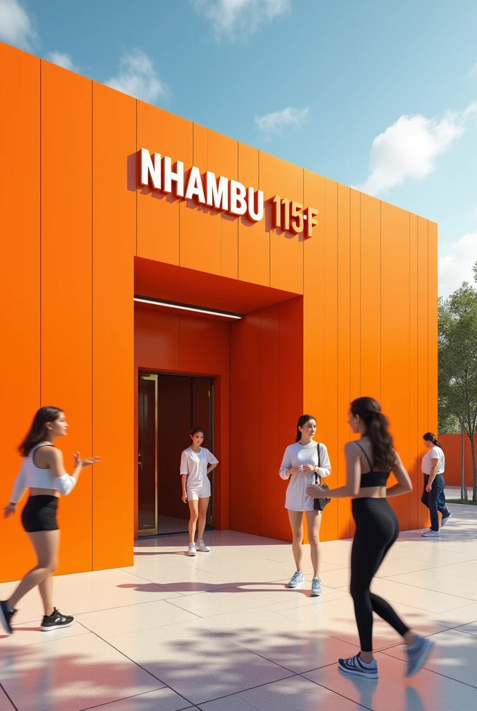 Orange wall public bathhouse, modern and brand new, with a sign written in capital letters “NHAMBU 115-F”, with women in sportswear coming and going.