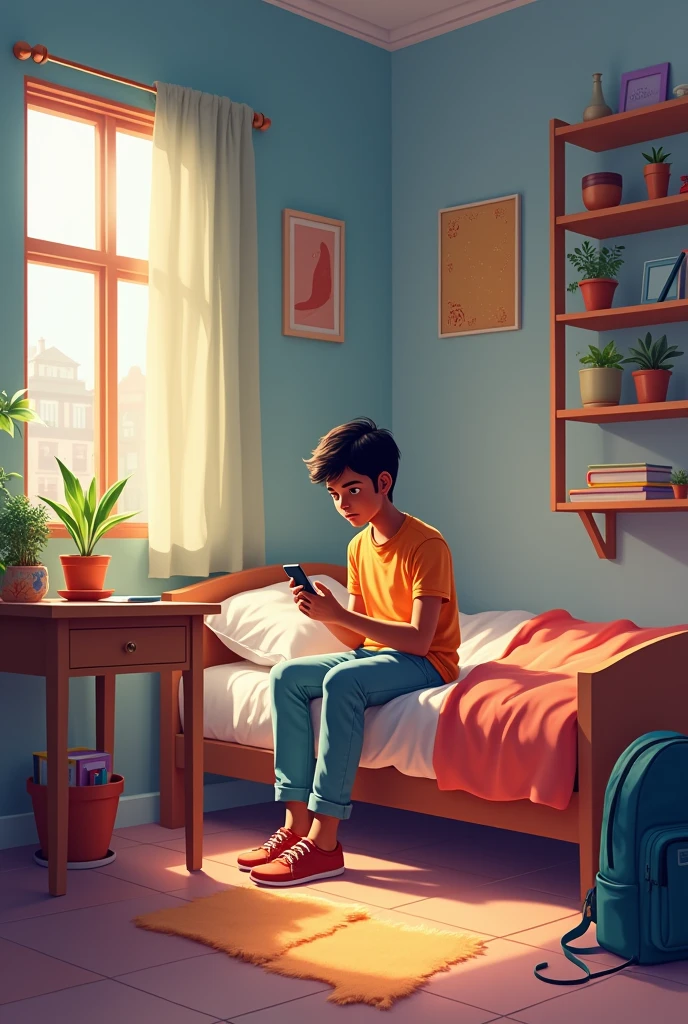 Create indian boy good bedroom and bed and charge mobile phone show all room and school bag in room anime only show bedroom