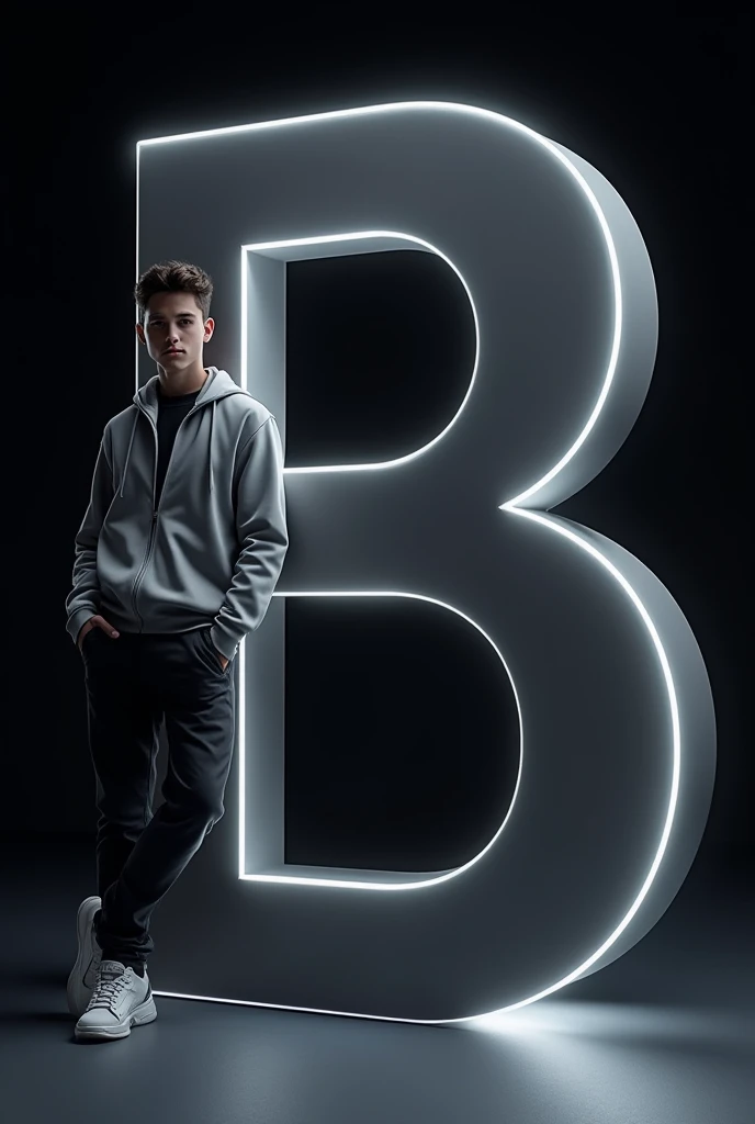 Create an image featuring a large, glossy,'F,,† F
D letter in the foreground with a boy leaning casually against it. The person should be dressed in stylish, monochromatic clothing and have a confident pose. The background should be a dark gradient to keep the focus on the letter and the person. Ensure that the lighting gives a soft glow to the edges of the 3D letter and casts subtle shadows to add depth to the