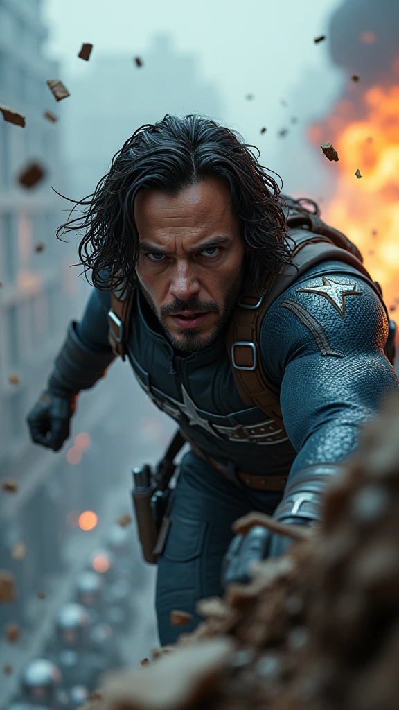 Bucky is depicted in a life-or-death situation, perhaps hanging from a cliff edge or caught in the blast of an explosion, his face showing a mixture of fear and determination. The scene around them is charged with tension: debris and dirt suspended in mid-air, flames from an explosion halted in their tracks, and soldiers frozen in the midst of combat.