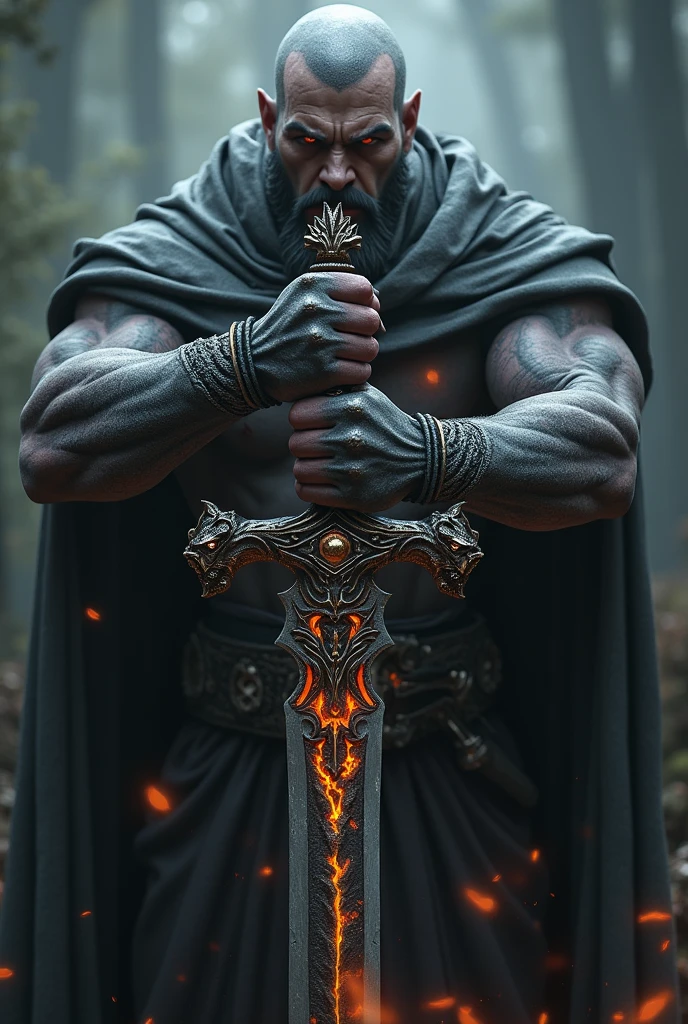 A human face without horns dragon wings
In hand a sword with dragon head handel poses devil power