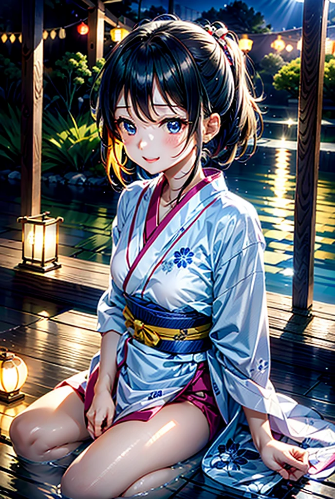 About 、At a lively summer festival in the evening。She knelt down by the small pond、He is concentrating intently as he tries to catch a goldfish with a delicate paper dip net.。Her eyes were wide with excitement and determination.、A shining lantern is reflected overhead.。Around、Brightly colored yukata robes、Glowing lantern、And there were stalls filled with games and sweets.、The festival is colorful。Laughter heard from afar、The light sounds of the game enveloped her.。The warm light of the lantern、It gently illuminates her serious expression.
