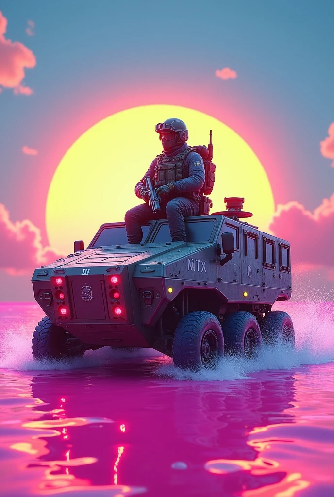 Call of duty mobile bot riding a defil with a rainbow background and a very pink and midday ocean