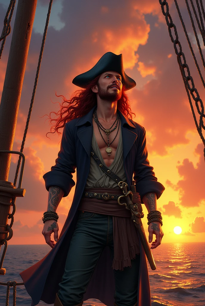 Generate the image of a pirate for a DnD campaign. A male pirate with an excited face. He has long dark red curly hair, without any type of facial hair. His eyes are emerald green, and he has a small scar on the bridge of his nose. He’s wearing a pirate hat in black leather, a long dark trench coat, under the coat a soft shirt half open, with an old leather filet. He’s wearing many bracelets and necklaces, he has many tattoo. He’s on the top of the main mast of his boat looking at the sunset