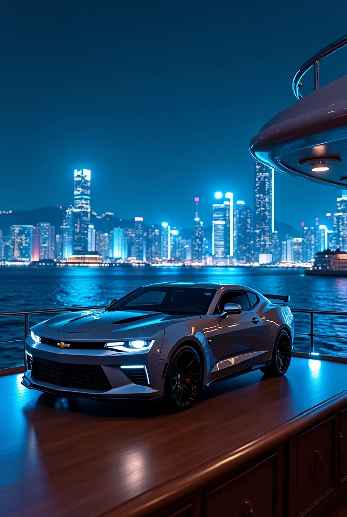 Chevrolet Cobalt on desk of luxury yacht at nigh with high sky scrapers in the background and blue neon lights
