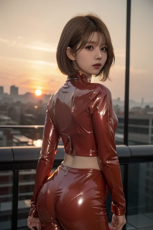 Highest quality, 8k, Highly detailed face and skin texture, Wearing a red latex suit in the sunset city、Asian girl with short hair and small ass, View your viewers, Rear view, Sharp focus
