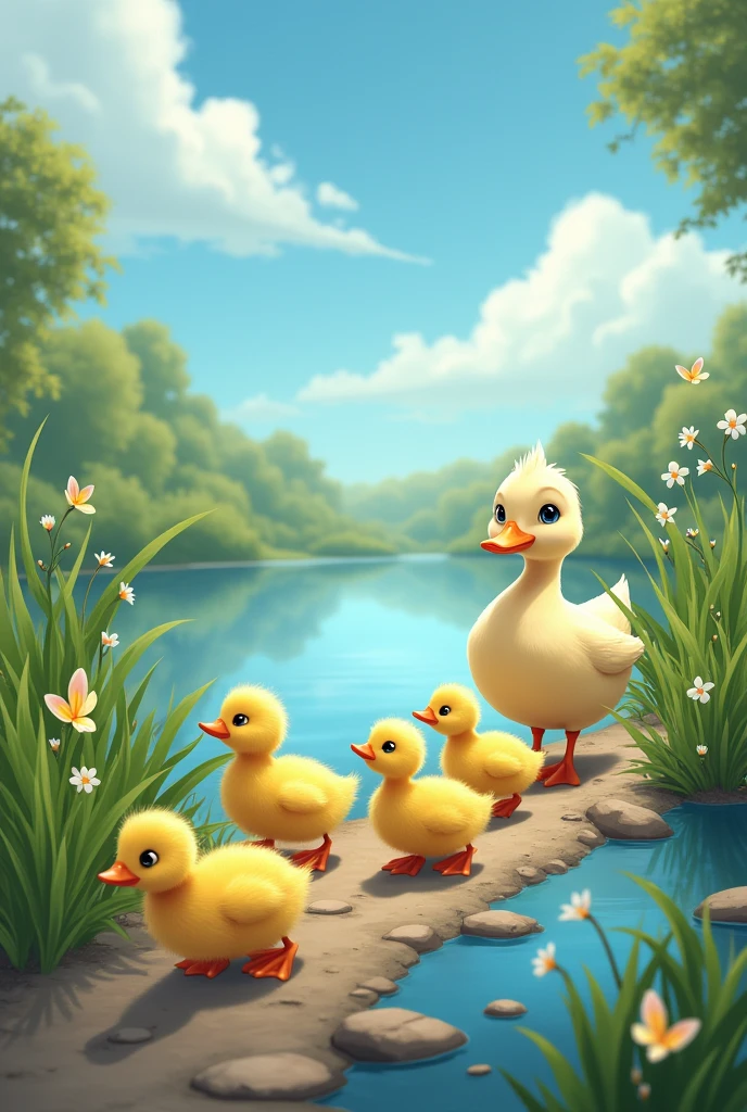 A mother duck and ducklings going toward the river