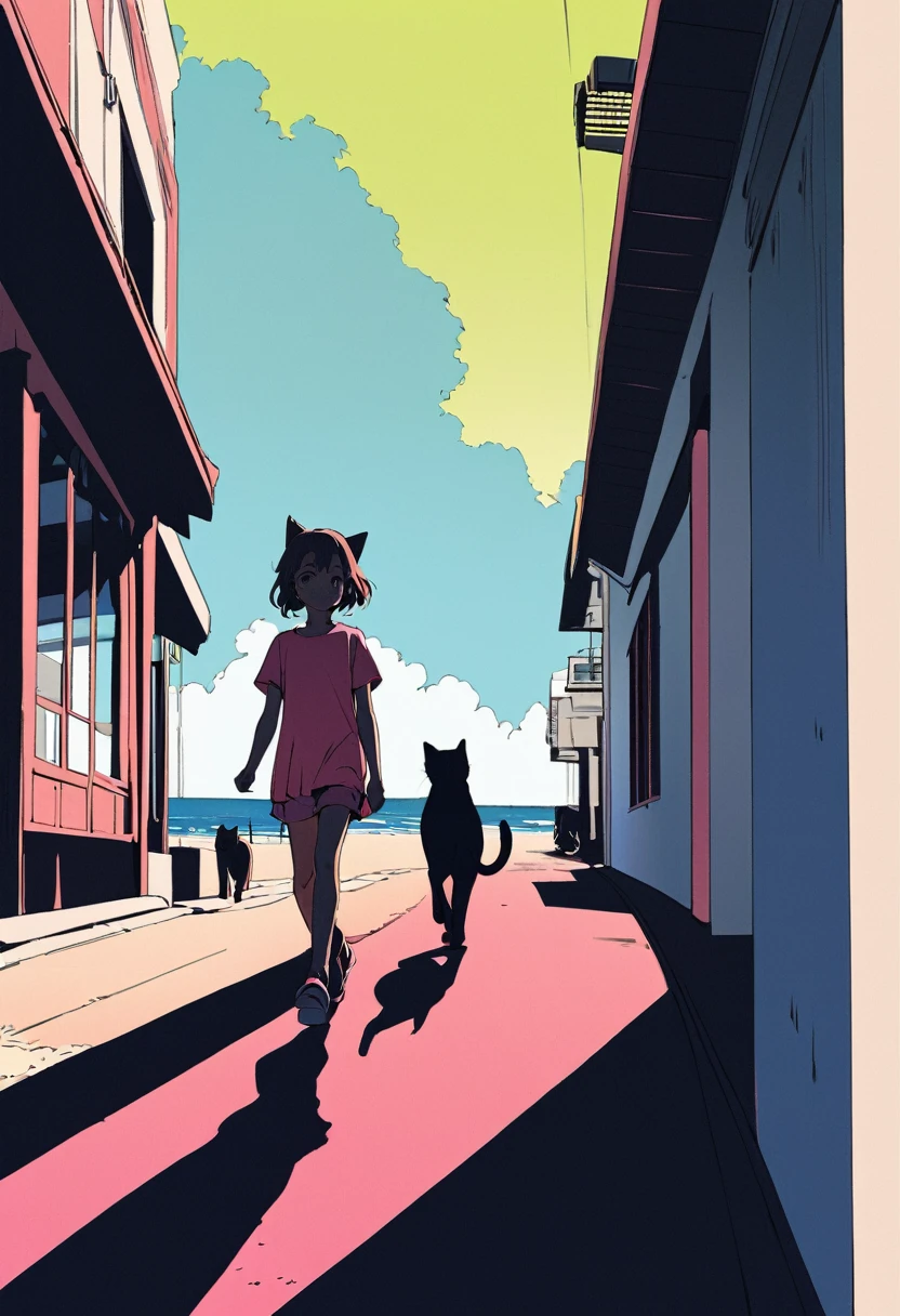 (masterpiece, best quality),Pop Art,Flat Color,A girl Strolling around with a kittens on the beach,(seaside),girl and kitty,cute face,tween,(enjoying walking),beautiful detailed scenery, friendly,very happy,beautiful lighting,dynamic angle,depth of field,photographic portrait, sharp,illustration by hisashi eguchi,look away,