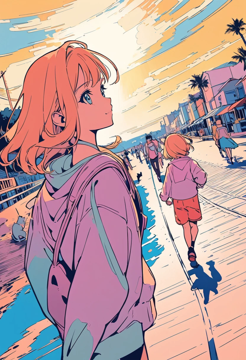 (masterpiece, best quality),Pop Art,Flat Color,A girl Strolling around with a kittens on the beach,(seaside),girl and kitty,cute face,tween,(enjoying walking),beautiful detailed scenery, friendly,very happy,beautiful lighting,dynamic angle,depth of field,photographic portrait, sharp,illustration by hisashi eguchi,look away,