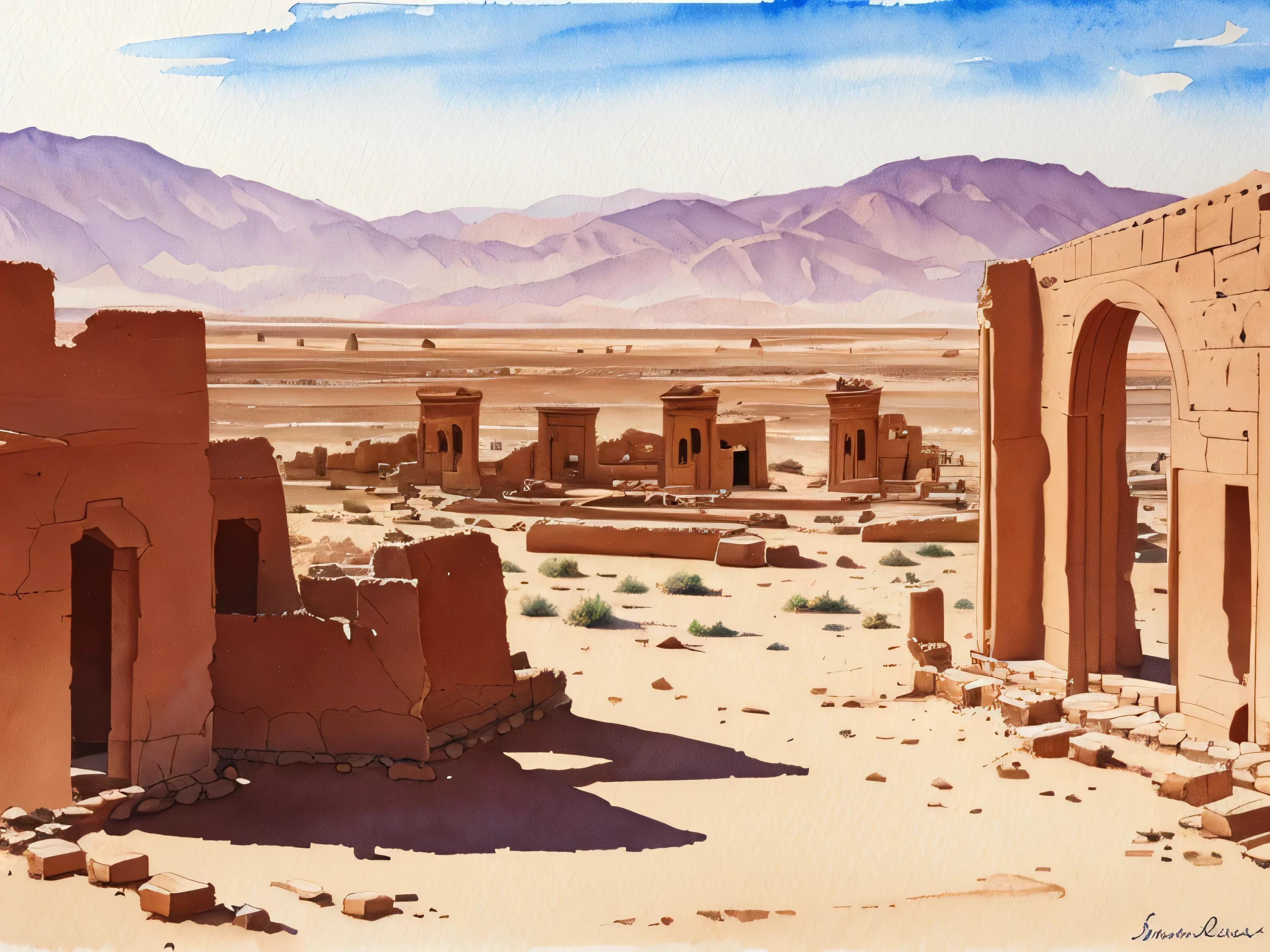 Sahara Ruins can be seen in the distance watercolor