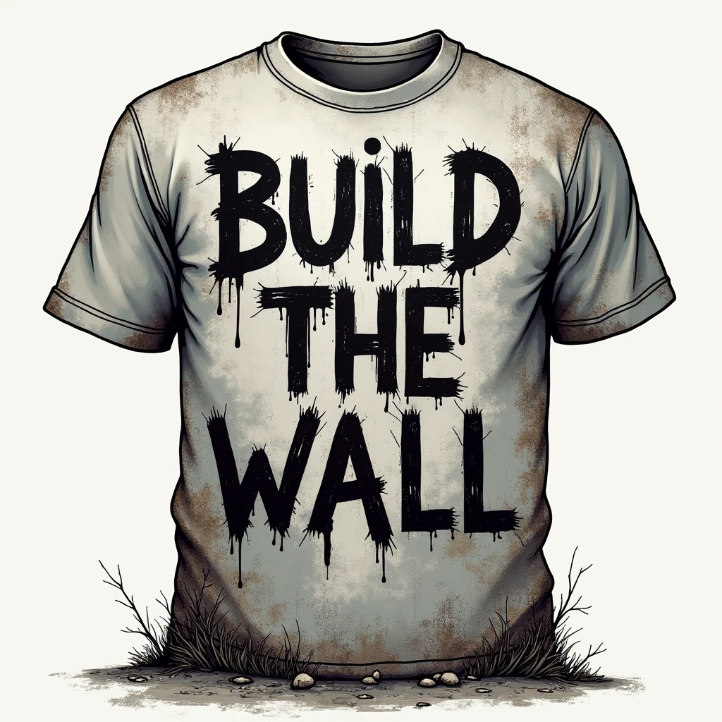 t-shirt design, a cement wall with "build the wall" grafittid on to it but the final L is scribbled over and a Z is added