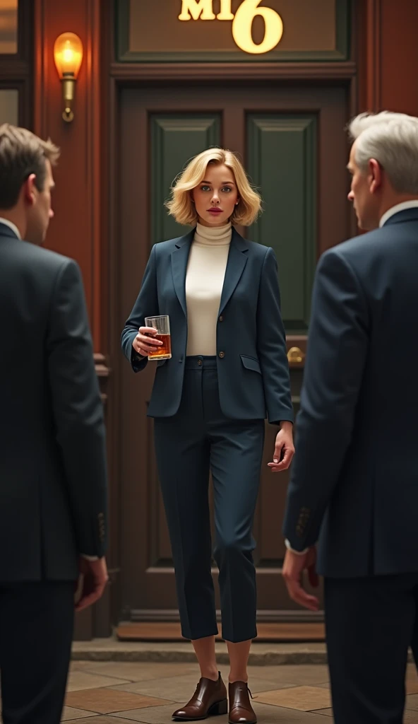 1. The gang man keeps coming at her. , She glares at him.、Full body, standing pose, solon, woman of 007 drink a bourbon, Pub at London , (1 Scottish woman , 30 age ,gold hair, short cut, wearing Navy Blue blazer jacket, white turtleneck sweater, Navy Blue pants, brown shoes ), front MI 6 building in London , ((super detail, high details, high quality, accurate, anatomically correct, textured skin, beautiful fingers super detail, high details, high quality, best quality))