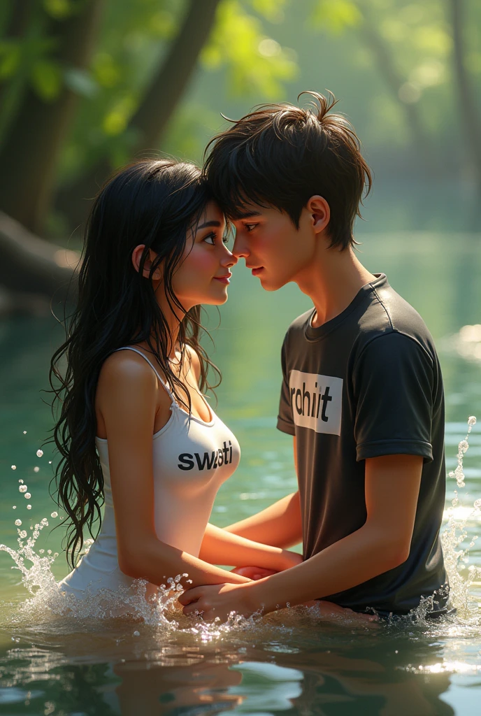 A couple sits in shallow water, surrounded by splashes and ripples. The girl, with long, flowing hair, wears a fitted, white wet shirt with the words Swasti printed on it, while the boy beside her is in a black and white wet shirt displaying the word rohit. They appear engaged with each other, sharing a moment in a serene, natural setting, with greenery in the background. The atmosphere conveys a sense of romance and intima
cy.